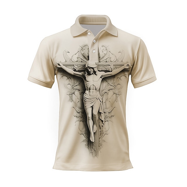  Wytłaczany wzór Jezus Męskie Zabytkowe 3D Nadruk Na zewnątrz Dzienne zużycie Streetwear Poliester Krótki rękaw Wieczorne Koszulki polo Czarny Biały Jesień S M L Polo z klapami