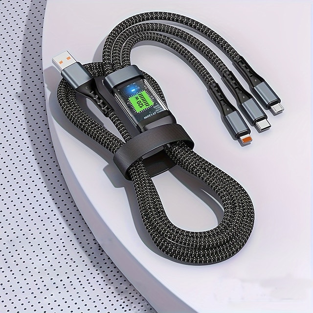  Cable de carga rápida 3 en 1 de 100 W, soporte de carga súper rápida inteligente, carga multiinterfaz, cable de carga de alimentación visual USB compatible con Apple, Samsung, Oppo, cable de carga