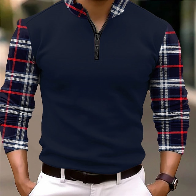  Plaid Men's Business 3D Print Zip Polo Outdoor Casual Daily Streetwear Polyester Long Sleeve Zip Polo Shirts Black Wine Fall & Winter S M L Micro-elastic Lapel Polo