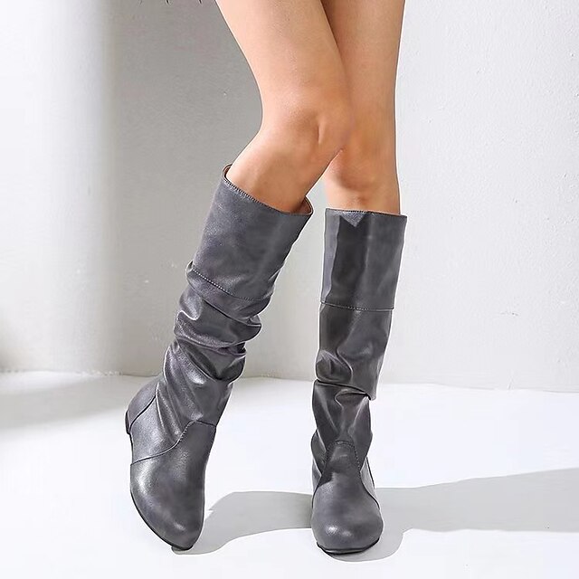 Women's Stacked Heel Knee High Boots - Slouchy PU Boots With Hidden Pocket, Black