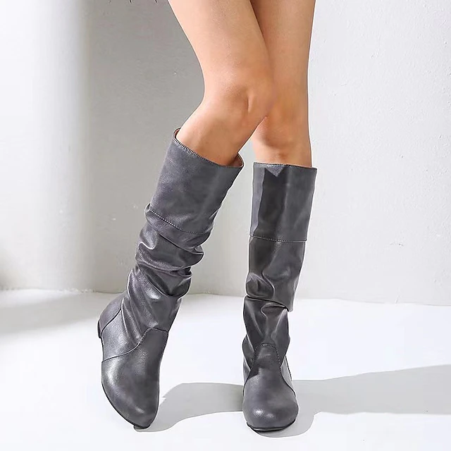 Women's Stacked Heel Knee High Boots - Slouchy PU Boots With Hidden Pocket, Black