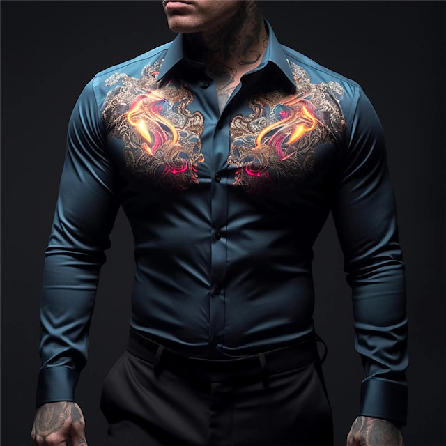Men's Shirt Button Up Shirt Long Sleeve Casual Outdoor Street Casual Daily Fall & Winter Turndown Buttons Print Black Blue Dark Blue Gray 5