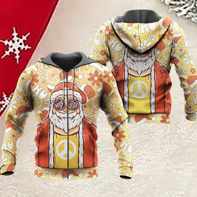  Sweat à capuche 3D Père Noël pour homme, veste entièrement zippée, noir, jaune, rouge, violet, imprimé graphique Père Noël, fermeture éclair moche, imprimé sport&extérieur quotidien