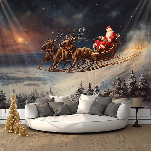  Decoraciones navideñas, trineo de renos de Papá Noel, tapiz colgante, arte de pared, tapiz grande de Navidad, decoración mural, fotografía, telón de fondo, manta, cortina, decoración del hogar,