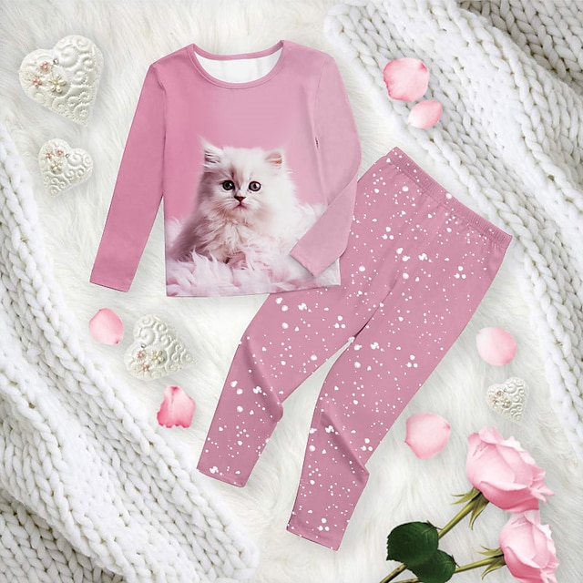  Voor meisjes 3D Kat Pyjamaset Roze Lange mouw 3D-afdrukken Herfst Winter Actief Modieus leuke Style Polyester Kinderen 3-12 jaar Strakke ronde hals Huis Causaal Voor Binnen Normale pasvorm
