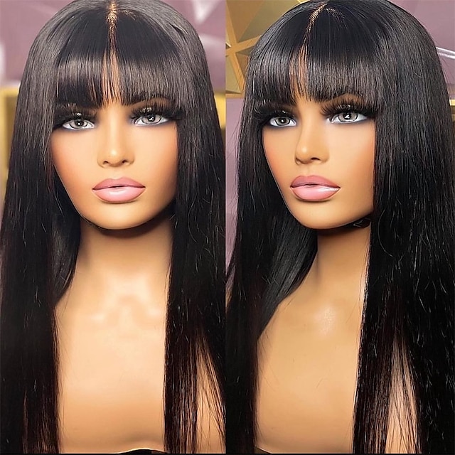  Remy Human Hair Wig Long Straight With Bangs Natural Burgundy Machine Made Vietnamese Hair Women's Dark Wine Black 10 inch 12 inch 14 inch Party / Evening Daily Wear Valentine's Day