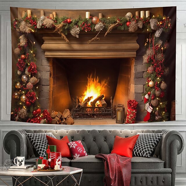 Christmas Decorations Fireplace Hanging Tapestry Wall Art Xmas