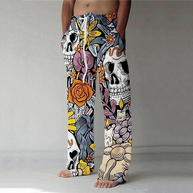 Skull Punk Abstract Men's 3D Print Pants Trousers Outdoor Street Going out Halloween Polyester Blue S M L Mid Waist Elasticity Pants2