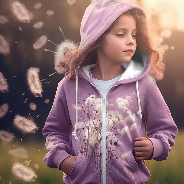  Девочки 3D Цветочный принт Толстовка Пальто Верхняя одежда Длинный рукав 3D печать Осень Зима Активный Мода Симпатичные Стиль Полиэстер Дети 3-12 лет на открытом воздухе Повседневные Стандартный