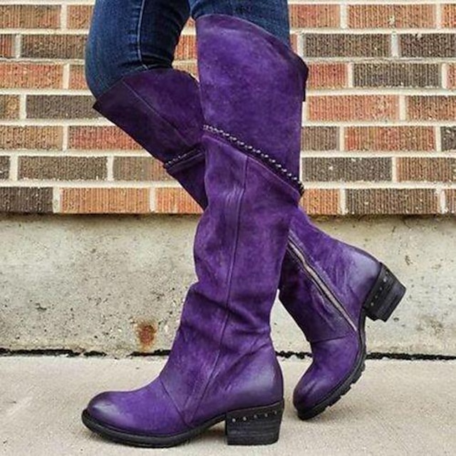  Women's Boots Plus Size Outdoor Daily Solid Color Knee High Boots Winter Block Heel Chunky Heel Round Toe Vintage Casual Minimalism Faux Leather PU Zipper Red Purple Brown