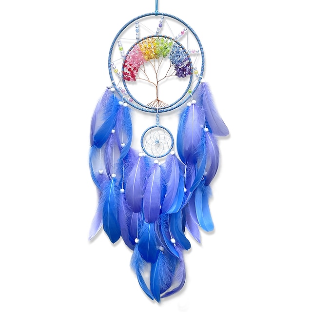  vie d’arbre capteur de rêves cadeau fait à la main avec crochet de plume bleue fleur carillon éolien ornement tenture murale décor art boho