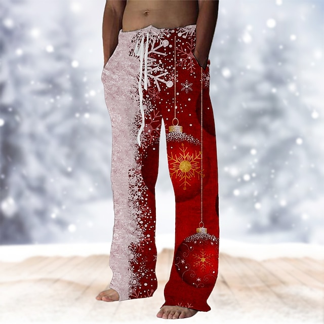  クリスマスハワイアンパンツ 男性用 スノーフレーク柄 巾着ゴムウエスト カジュアル パーティーイブニングウェア クリスマスパーティー ビーチウェア ストレートレッグパンツ 3Dプリント ホワイト ワイン ルビーレッド