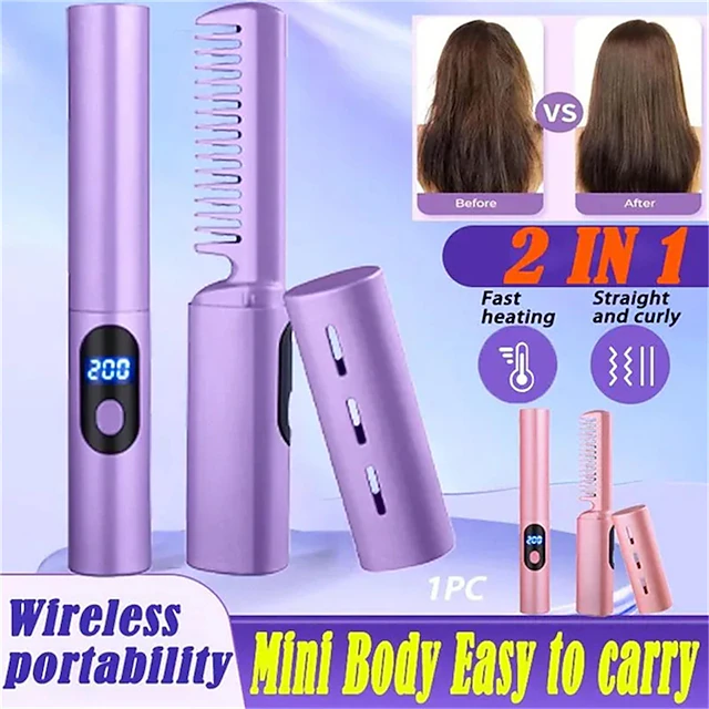 2IN1 Lazy Hair Straightener Wireless Hair Hot Comb Mini USB Rechargeable Straightener Curly Hair Stick Fast Heating Straightening Brush for Home Trave-1PC 16