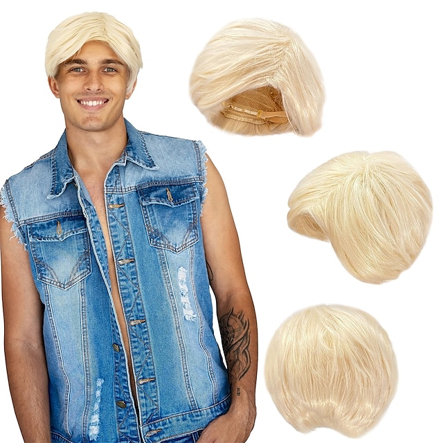  Strandblonde Kendall-Perücke – kurzes synthetisches, geschichtetes, bleichblondes Puppenkostümhaar für Männer mit verstellbarem Haarteil