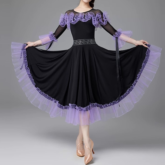  Ballroom Dance Dress Splicing Women's Performance Daily Wear 3/4 Length Sleeve Crystal Cotton