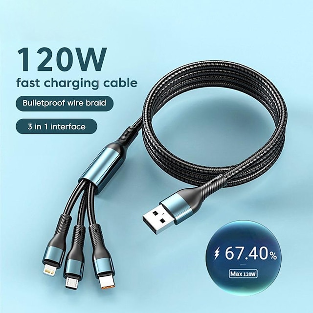  120W USB C 3 In 1 Charging Cord Micro USB Type-c Multiple Mobile Phone Fast Charge Cable For iPhone 15 14 Samsung Huawei Data Cable