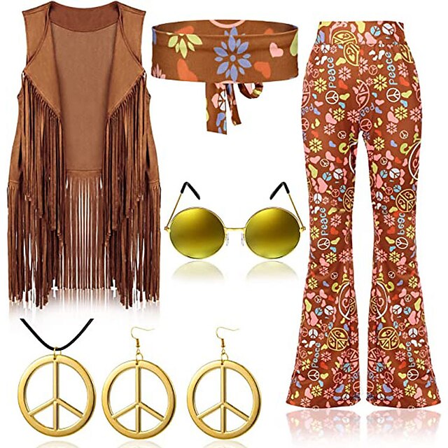 7 Pcs 60s 70s Outfits for Women Hippie Costume Set Boho Flared Pants ...