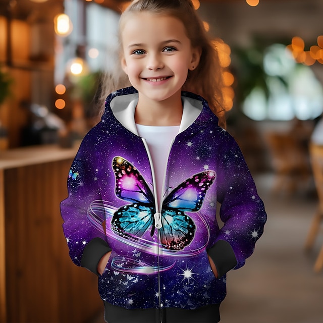  Lány 3D Pillangó Kapucnis felsőrész Kabát Ruházat Hosszú ujj 3D nyomtatás Ősz Tél Aktív Divat aranyos stílus Poliészter Gyerekek 3-12 év Szabadtéri Hétköznapi Napi Normál