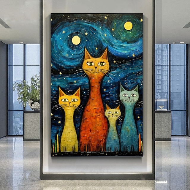  käsikaveri öljymaalaus kangasseinä taidekoristeabstrakti veitsi maalausvan gogh tyyli tähtikirkas kissa kodin sisustukseen rullattu kehyksetön venyttämätön maalaus