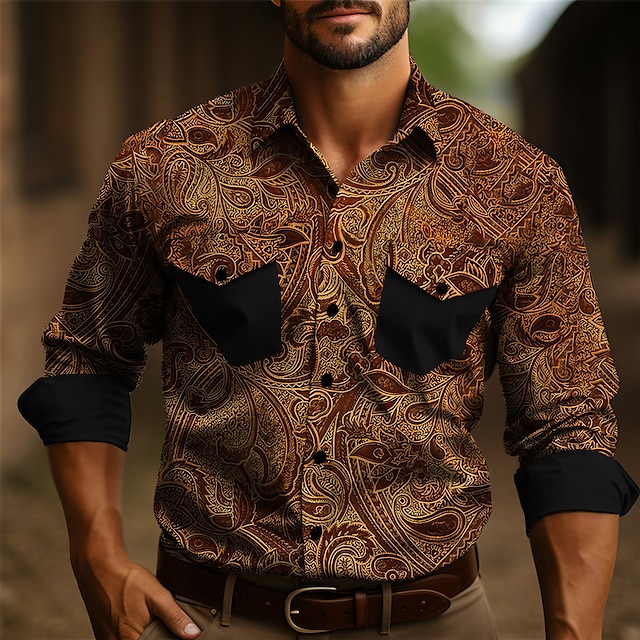  Voor heren Overhemd Westers overhemd Cowboyshirt Lange mouw Vintage Buiten Straat Casual / Dagelijks Herfst winter Strijkijzer Knop Afdrukken blauw Bruin Grijs