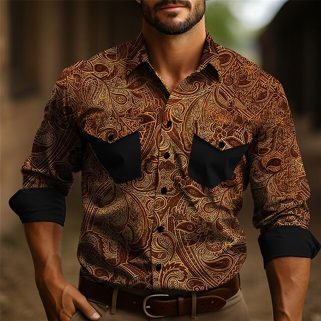 Men's Shirt Western Shirt Cowboy Shirt Long Sleeve Vintage Outdoor Street Casual Daily Fall & Winter Turndown Buttons Print Blue Brown Gray4