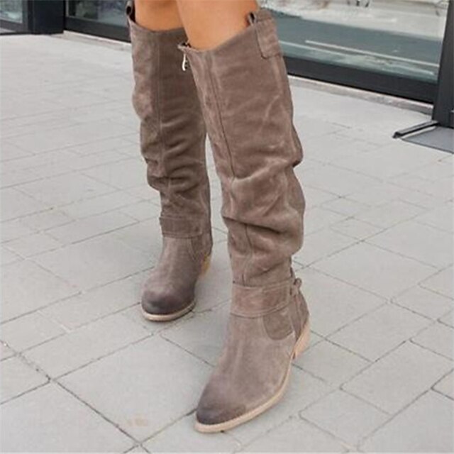 Women's Slouchy Suede Knee-high Boots With Buckle - Casual Flat Heel 