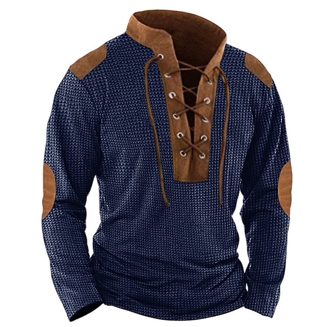  Bărbați Cămașă Waffle Tricou Tee Top Tricou cu maneca lunga Manșon Lung Guler Primăvara & toamnă Bloc Culoare Epocă Designer De Bază Cu Șiret Peteci Vacanță Stradă Ieșire Negru Albastru Kaki Top