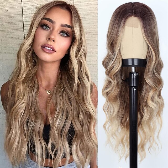 Long Dirty Blonde Wig for Women Ombre Wavy Blonde Wigs Synthetic 26
