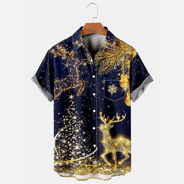  chemises imprimées pour hommes avec sapin de Noël, chemise décontractée pour l'extérieur, rue, automne, revers, manches courtes, bleu foncé, s m l