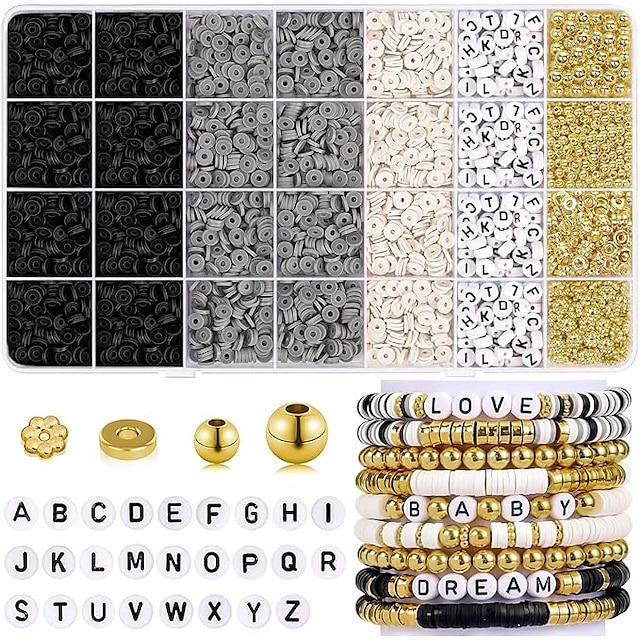  5000-teiliges Tonperlen-Armband-Herstellungsset für Mädchen, Freundschafts-Tonperlen für Armbänder, gelb-orangefarbene weiße Perlen, Buchstaben-Goldperlen für das Schmuckherstellungs-Set