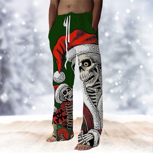  Kerstmis Hawaiiaanse broek Voor heren Grappig Doodskoppen Broeken Trekkoord elastische taille Casual Feestavondkleding kerstfeest Strand Kleding Broek met rechte pijpen 3D-afdrukken Zwart blauw Groen