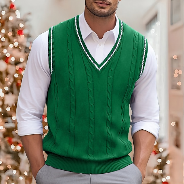  Weihnachtspullover, Herrenpullover, Weste, Strickpullover, Pullover mit Zopfmuster, normal gestrickt, einfarbig, V-Ausschnitt, warm halten, modern, zeitgenössisch, Alltagskleidung, Ausgehen, Kleidung, Herbst, Winter, Weiß, Rot, S, M, L