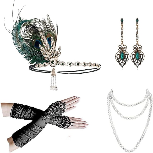  1920s Flapper Accessories Set for WomenGreat Gatsby Accessories 20's Flapper Theme Set Headband Gloves Necklace