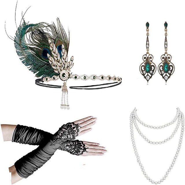 1920s Flapper Accessories Set for WomenGreat Gatsby Accessories 20's Flapper Theme Set Headband Gloves Necklace4