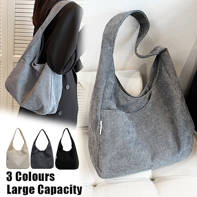  Women's Crossbody Bag Shoulder Bag Hobo Bag Corduroy Outdoor Daily Holiday Large Capacity Lightweight Durable Solid Color off white Black Grey