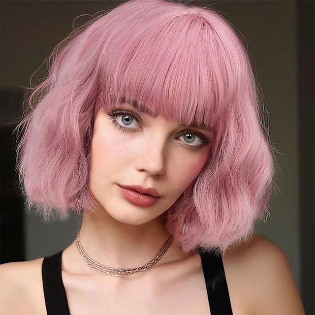  Peluca rosa con flequillo corto bob ondulado pelucas de color rosa pastel para mujeres pelucas rizadas hasta los hombros bob pelucas sintéticas de aspecto natural para niñas uso diario