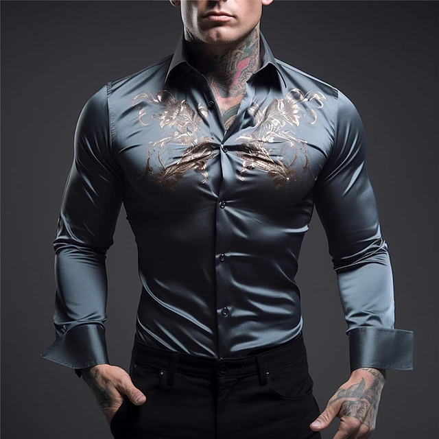 Men's Shirt Button Up Shirt Long Sleeve Vintage Outdoor Street Casual Daily Fall & Winter Turndown Buttons Print Dark Navy Royal Blue Blue Dark Blue Gray 6