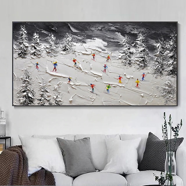 Original White Snow Skiing Painting on Canvas Hand-painted Mountain Art Texture Wall Art Personalized Gift horizontal canvas wall art No Frame 11