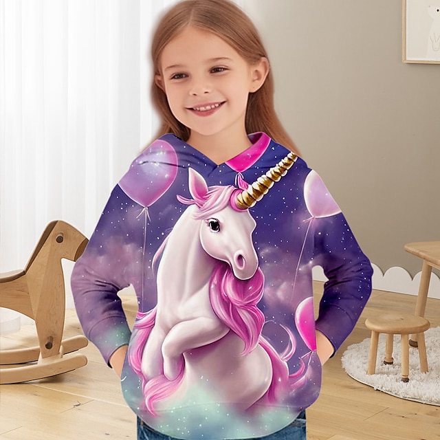 Autumn and Spring Arrival Unicorn Cartoon and Dots Pattern Long Sleeves Dress for Stylish Girls