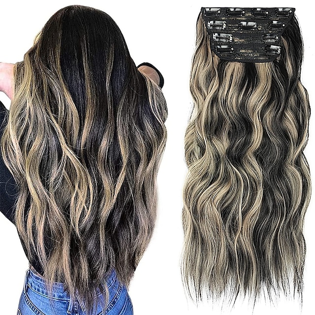  Clip in Hair Extensions Black Mix Blonde (Black with Blonde Highlights) Hairpieces for Women Long Wavy Hair Extensions Synthetic