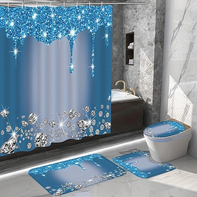  duschdraperi för badrum, badrumsgardin i glittrande diamantmönster med 12 krokar, halkfria mattor för badrum, toalettöverdragsmatta