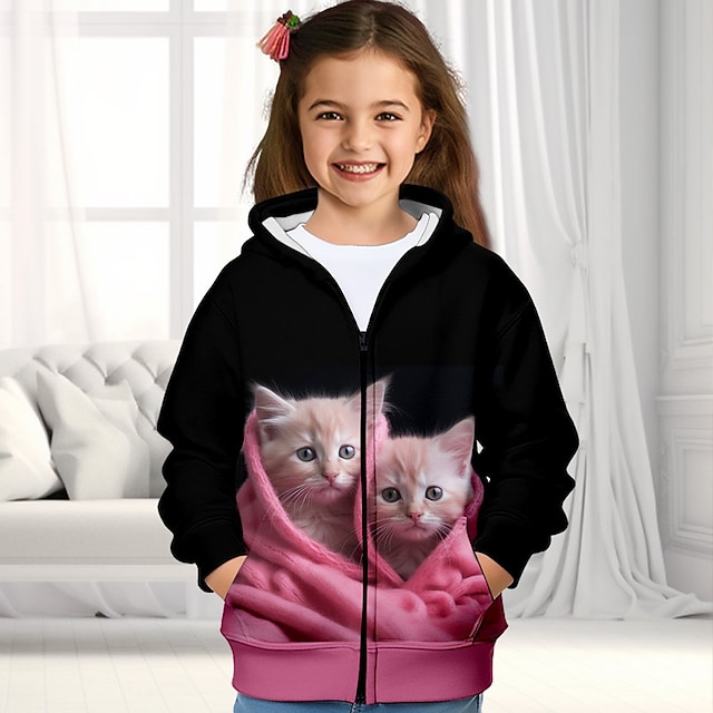Girls' 3D Cat Pajama Set Pink Long Sleeve 3D Print Fall Winter Active main image 1