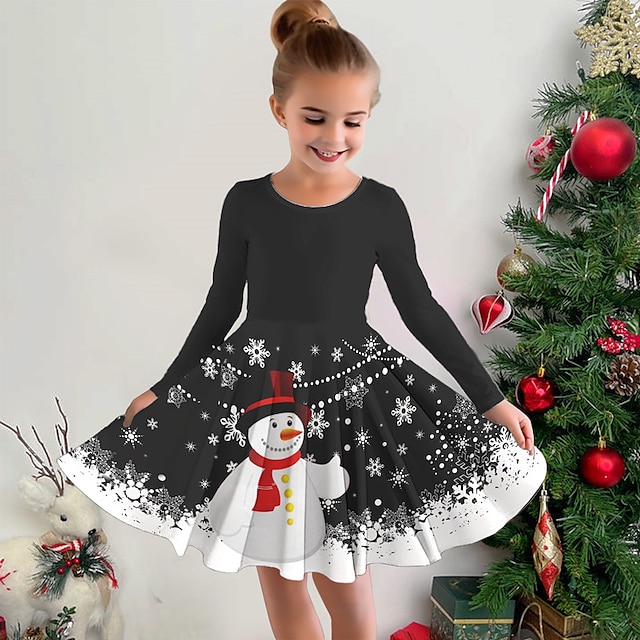  Girls' 3D Santa Claus Snowman Snowflake Christmas Dress Dress Snowflake Dress Long Sleeve 3D Print Fall Winter Sports & Outdoor Daily Holiday Cute Casual Beautiful Kids 3-12 Years Casual Dress A Line