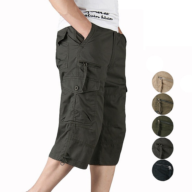  Men's Capri Cargo Shorts Cargo Shorts Zipper Pocket Leg Drawstring Solid Color Breathable Quick Dry Work Streetwear 100% Cotton Casual Hip-Hop Navy Black