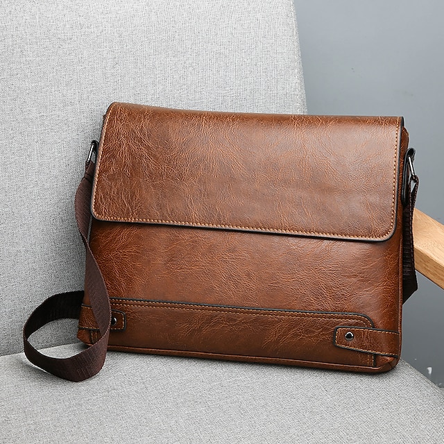  Men's Crossbody Bag Messenger Bag PU Leather Office Daily Zipper Large Capacity Solid Color Black Brown Khaki