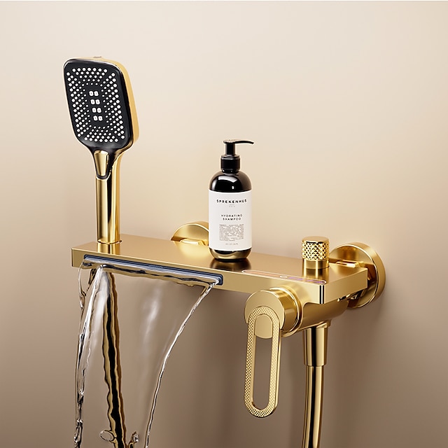  ברזי מקלחת מפל עם מערכת מקלחת איזון לחץ, סגנון מינימליסטי בלחץ גבוה זרימה גבוהה אמבט מקלחת מיקסר עם ברז כף יד, שסתום קרמי פנימי