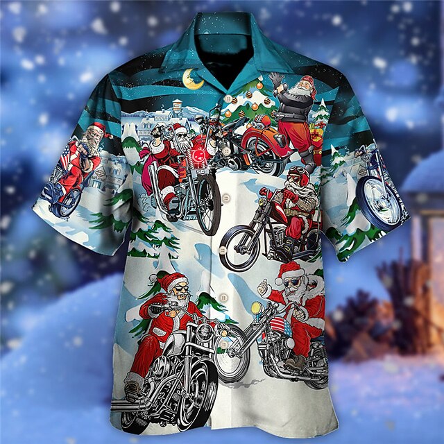 Christmas Men's Santa Claus Printed Shirts Santa Claus Motorcycle AbstracOutdoor Street Fall Turndown Short Sleeve Blue S M L Shirt3