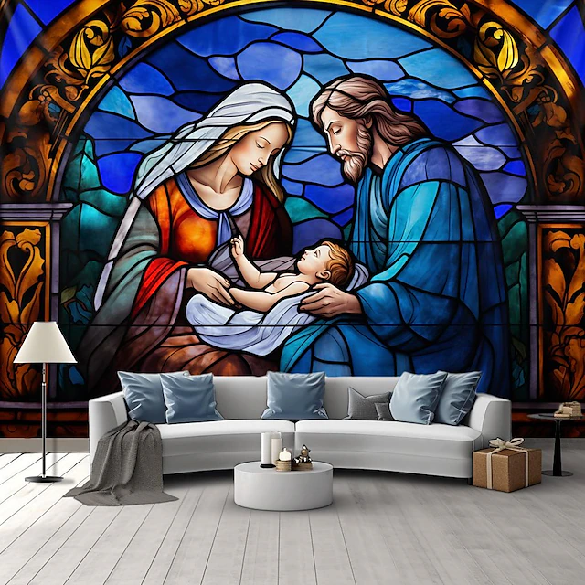 Christmas Decorations Nativity Scene Hanging Tapestry Stained Glass Wall Art Xmas Large Tapestry Mural Decor Photograph Backdrop Blanket Curtain Home Bedroom Living Room Decoration 11