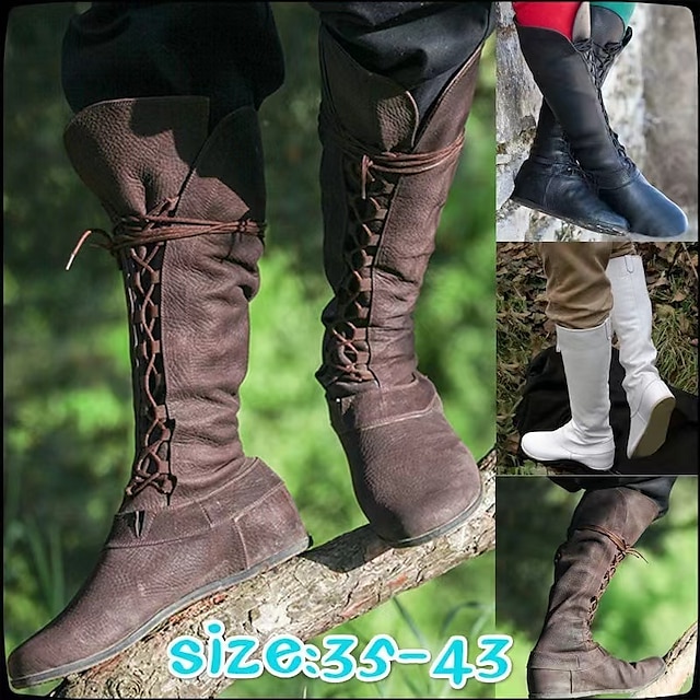  Men's Women Boots Cowboy Boots Medieval Boots Renaissance Boots Walking Classic Casual Outdoor Daily Faux Leather Waterproof Comfortable Mid-Calf Boots Loafer Black White Brown Fall Winter