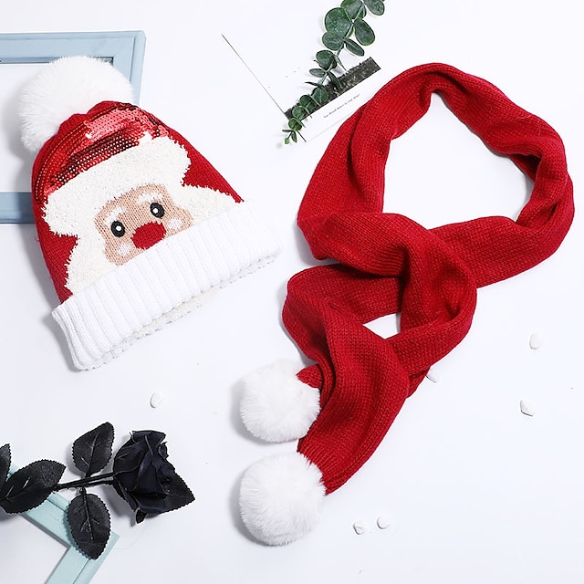 Winter Christmas Hat Scarf Set Warm Knitted Hat Pullover Hat 2024 - $7.99